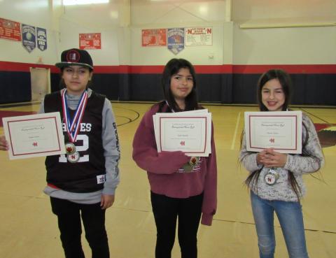 Middle School students at Noli Indian School that were named to the Distinguished Honor Roll for having a GPA of 3.5+ were, from left, Daigan Cyhan, Shawna Rivera and Sadie Pimentel. Middle School students at Noli Indian School that were named to the Distinguished Honor Roll for having a GPA of 3.5+ were, from left, Daigan Cyhan, Shawna Rivera and Sadie Pimentel.