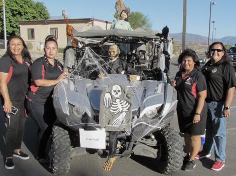 Noli Indian School staff members Cami Diaz, Tanya Briones-Rivera, Chela Delgado-Sanchez and Andrea Helms-Sanchez decorated a “Jeepers Creepers Fright Night” vehicle to lead the Homecoming Parade to The Oaks on Friday, Oct. 26 Noli Indian School staff members Cami Diaz, Tanya Briones-Rivera, Chela Delgado-Sanchez and Andrea Helms-Sanchez decorated a “Jeepers Creepers Fright Night” vehicle to lead the Homecoming Parade to The Oaks on Friday, Oct. 26