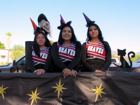 Three of Noli Indian School’s cheerleaders participated in the Homecoming Parade with a float reminiscent of Disney’s “Hocus Pocus.” From left, senior Shambrae Kinlicheenie, junior Erika Modesto and Junior Roxy Castello. Not pictured is senior Shaleen Castello, who was nominated for Homecoming Queen Three of Noli Indian School’s cheerleaders participated in the Homecoming Parade with a float reminiscent of Disney’s “Hocus Pocus.” From left, senior Shambrae Kinlicheenie, junior Erika Modesto and Junior Roxy Castello. Not pictured is senior Shaleen Castello, who was nominated for Homecoming Queen