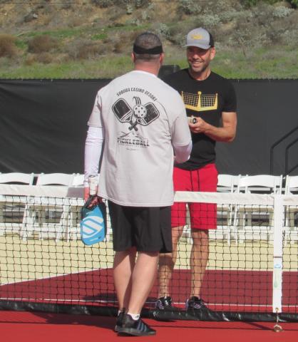 Co-founder of The Pickleball Experience and professional player Jem Morris chats with Charles Berglund after their pro vs. amateur pickleball game during the grand opening of the Soboba Pickleball facility, Jan. 27 Co-founder of The Pickleball Experience and professional player Jem Morris chats with Charles Berglund after their pro vs. amateur pickleball game during the grand opening of the Soboba Pickleball facility, Jan. 27