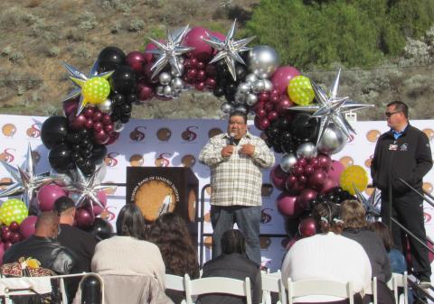 Soboba Tribal Council Chairman Isaiah Vivanco shares welcoming words at the grand opening of the pickleball courts while SCR General Manager Jason Cozart, at right, listens Soboba Tribal Council Chairman Isaiah Vivanco shares welcoming words at the grand opening of the pickleball courts while SCR General Manager Jason Cozart, at right, listens