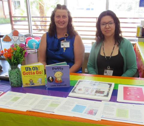 Tribal Family Partners Project Coordinator Jessica Plumlee, left, and Parent Partner I Amanda Nogales offer resources at the Soboba Tribal Preschool’s Potty Training Event, July 24 Tribal Family Partners Project Coordinator Jessica Plumlee, left, and Parent Partner I Amanda Nogales offer resources at the Soboba Tribal Preschool’s Potty Training Event, July 24