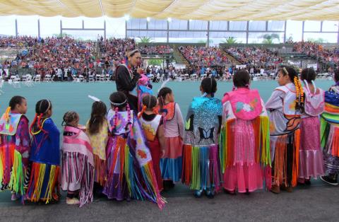 Tekla Diaz gives last minute instructions to her Fancy Shawl Dance students before they performed at last year’s pow wow preview at the Soboba Event Center Tekla Diaz gives last minute instructions to her Fancy Shawl Dance students before they performed at last year’s pow wow preview at the Soboba Event Center