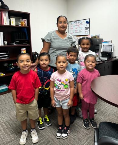 Soboba Tribal Preschool Administrator Lenora “Ponie” Mojado shares time with several students in her office. From left, Kuyvaxish Mendez (pre-K), Noah Mendoza (preschool), Delilah Cervantes (pre-K), Anthony Ortega (kindergarten), Laylah Robledo (preschool) and Loovi Burton (kindergarten) Soboba Tribal Preschool Administrator Lenora “Ponie” Mojado shares time with several students in her office. From left, Kuyvaxish Mendez (pre-K), Noah Mendoza (preschool), Delilah Cervantes (pre-K), Anthony Ortega (kindergarten), Laylah Robledo (preschool) and Loovi Burton (kindergarten)