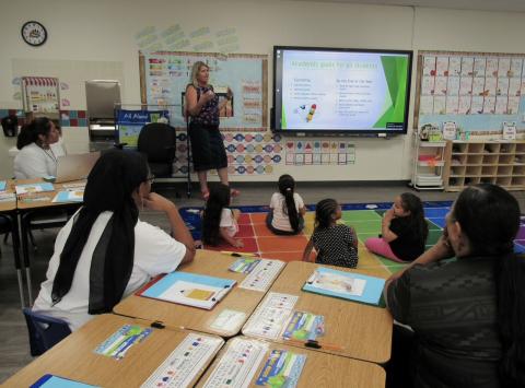 Kindergarten teacher Betsy Post gives a presentation for families at back-to-school night with help from intern Jasmine Basquez Kindergarten teacher Betsy Post gives a presentation for families at back-to-school night with help from intern Jasmine Basquez