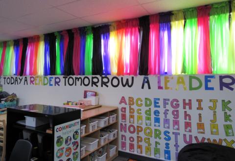 Kindergarten classroom curtains emphasize the rainbow theme that is showcased throughout the Soboba Tribal Preschool Kindergarten classroom curtains emphasize the rainbow theme that is showcased throughout the Soboba Tribal Preschool