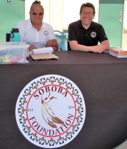 Soboba Foundation President Dondi Silvas and Sponsorship Coordinator Andrew Vallejos staff the check-in table for produce box pickups on June 10 at the Soboba Sports Complex Soboba Foundation President Dondi Silvas and Sponsorship Coordinator Andrew Vallejos staff the check-in table for produce box pickups on June 10 at the Soboba Sports Complex