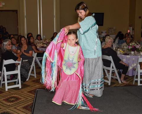 Some of Gloria Vivanco’s regalia designs were featured at the Soboba Elders Mother’s Day Luncheon and Fashion Show last month Some of Gloria Vivanco’s regalia designs were featured at the Soboba Elders Mother’s Day Luncheon and Fashion Show last month