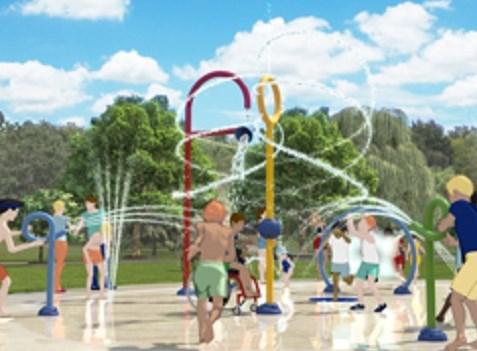 An artist’s rendering shows the planned splash pad with water features that will be installed next to the pool at the Soboba Sports Complex An artist’s rendering shows the planned splash pad with water features that will be installed next to the pool at the Soboba Sports Complex