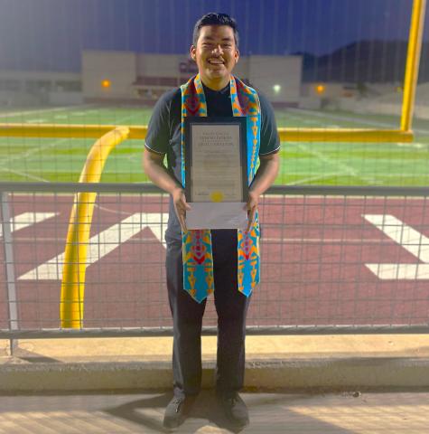 Soboba Foundation scholarship recipient Aristeo Mendoza Rojas at West Valley High School with the proclamation and stole he was presented with upon his graduation Soboba Foundation scholarship recipient Aristeo Mendoza Rojas at West Valley High School with the proclamation and stole he was presented with upon his graduation