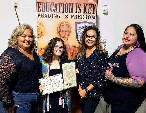 Briahna Guadamuz was honored as a Soboba Foundation scholarship recipient at the San Jacinto Valley Academy senior awards ceremony. From left, President Dondi Silvas, Briahna, Treasurer Julie Arrietta-Parcero and Secretary Antonia Briones-Venegas Briahna Guadamuz was honored as a Soboba Foundation scholarship recipient at the San Jacinto Valley Academy senior awards ceremony. From left, President Dondi Silvas, Briahna, Treasurer Julie Arrietta-Parcero and Secretary Antonia Briones-Venegas