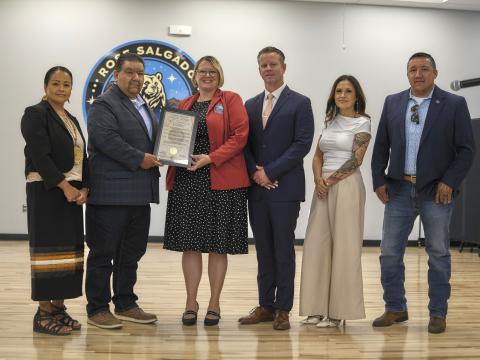 Members of the Soboba Tribal Council present a proclamation to commemorate the opening of Rose Salgado Elementary. From left, Vice Chairwoman Geneva Mojado, Chairman Isaiah Vivanco, RSES Principal Amy Rose, SJUSD Superintendent David Pyle, Secretary Monica Herrera and Sergeant-at-Arms Daniel Valdez. Photo courtesy of StylePhotography by Alex Tapia Members of the Soboba Tribal Council present a proclamation to commemorate the opening of Rose Salgado Elementary. From left, Vice Chairwoman Geneva Mojado, Chairman Isaiah Vivanco, RSES Principal Amy Rose, SJUSD Superintendent David Pyle, Secretary Monica Herrera and Sergeant-at-Arms Daniel Valdez. Photo courtesy of StylePhotography by Alex Tapia