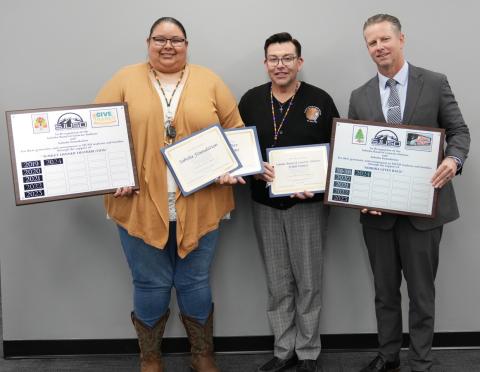 From left, Soboba Tribal member Bianca Machado and Soboba Sponsorship Coordinator Andrew Vallejos accept recognition certificates from San Jacinto Unified School District Superintendent David Pyle at the Board of Trustees meeting on Jan. 16 From left, Soboba Tribal member Bianca Machado and Soboba Sponsorship Coordinator Andrew Vallejos accept recognition certificates from San Jacinto Unified School District Superintendent David Pyle at the Board of Trustees meeting on Jan. 16