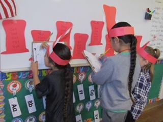Kindergartners find rhyming words posted on red hats during a Dr. Seuss celebration at Soboba Tribal Preschool Kindergartners find rhyming words posted on red hats during a Dr. Seuss celebration at Soboba Tribal Preschool