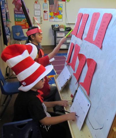 Kindergartners at Soboba Tribal Preschool wore their “Cat in the Hat” attire as they write down rhyming words as part of their school day on March 1 Kindergartners at Soboba Tribal Preschool wore their “Cat in the Hat” attire as they write down rhyming words as part of their school day on March 1