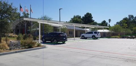 An artist’s rendering shows how the Soboba Fire Station canopy will shade parking lot areas while its PV panels absorb sunlight An artist’s rendering shows how the Soboba Fire Station canopy will shade parking lot areas while its PV panels absorb sunlight