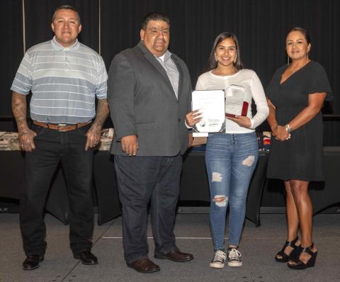 Luisa Rivera, who earned Platinum Academic Excellence recognition, is congratulated by Soboba Tribal Council members Daniel Valdez, Isaiah Vivanco and Geneva Mojado Luisa Rivera, who earned Platinum Academic Excellence recognition, is congratulated by Soboba Tribal Council members Daniel Valdez, Isaiah Vivanco and Geneva Mojado
