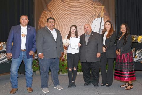 Shawna Rivera, center, is congratulated by Soboba Tribal Council for achieving Gold status during her sophomore year. From left, Daniel Valdez, Isaiah Vivanco, Shawna, Michael Bentiste, Monica Herrera and Geneva Mojado Shawna Rivera, center, is congratulated by Soboba Tribal Council for achieving Gold status during her sophomore year. From left, Daniel Valdez, Isaiah Vivanco, Shawna, Michael Bentiste, Monica Herrera and Geneva Mojado