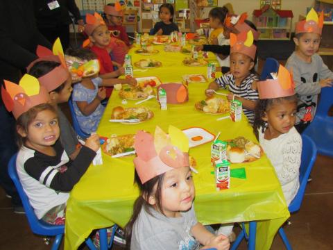 Students in the three-year-old classroom at Soboba Tribal Preschool were served a lunch of turkey and all the trimmings while sporting the turkey hats they made Students in the three-year-old classroom at Soboba Tribal Preschool were served a lunch of turkey and all the trimmings while sporting the turkey hats they made