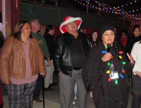 Soboba Foundation President Geneva Mojado welcomes community members who attended the San Jacinto Unified School District’s event where more than 1,000 toys were delivered from the Soboba Gives Back! Toy Drive on Dec. 9. At left is Soboba Foundation Vice President Dondi Silvas and Soboba Tribal Chairman and Soboba Foundation Member-at-Large Scott Cozart is in the center with his cowboy style Santa hat Soboba Foundation President Geneva Mojado welcomes community members who attended the San Jacinto Unified School District’s event where more than 1,000 toys were delivered from the Soboba Gives Back! Toy Drive on Dec. 9. At left is Soboba Foundation Vice President Dondi Silvas and Soboba Tribal Chairman and Soboba Foundation Member-at-Large Scott Cozart is in the center with his cowboy style Santa hat