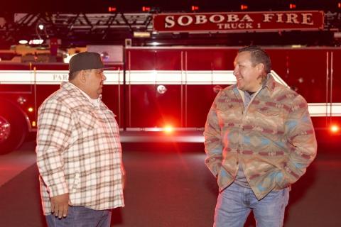 Soboba Tribal Chairman Isaiah Vivanco, left, and Sergeant-at-Arms Daniel Valdez chat at the Soboba Gives Back toy distribution event, Dec. 9 Soboba Tribal Chairman Isaiah Vivanco, left, and Sergeant-at-Arms Daniel Valdez chat at the Soboba Gives Back toy distribution event, Dec. 9