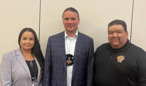 U.S. Department of the Interior Assistant Secretary for Indian Affairs Bryan Newland, center, is joined by Soboba Vice Chairwoman Geneva Mojado and Chairman Isaiah Vivanco at the California Fee-to-Trust Consortium quarterly meeting at the Soboba Casino Resort Event Center July 13