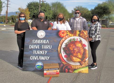 Soboba Foundation and Tribal Council members volunteered at Hemet Unified School District for the Soboba Drive-Thru Turkey Giveaway on Nov. 20. From left, Foundation Treasurer Julie Parcero, Tribal Council Chairman Isaiah Vivanco, Foundation President Dondi Silvas, Tribal Council Sergeant at arms Daniel Valdez and Tribal Council Secretary Monica Herrera Soboba Foundation and Tribal Council members volunteered at Hemet Unified School District for the Soboba Drive-Thru Turkey Giveaway on Nov. 20. From left, Foundation Treasurer Julie Parcero, Tribal Council Chairman Isaiah Vivanco, Foundation President Dondi Silvas, Tribal Council Sergeant at arms Daniel Valdez and Tribal Council Secretary Monica Herrera