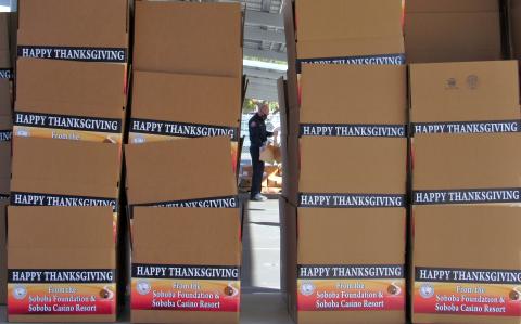 Soboba Fire Department Engineer Bryan Lesch was among about 150 volunteers at San Jacinto High School to help distribute Thanksgiving meal fixings at the Soboba Drive-Thru Turkey Giveaway on Nov. 21 Soboba Fire Department Engineer Bryan Lesch was among about 150 volunteers at San Jacinto High School to help distribute Thanksgiving meal fixings at the Soboba Drive-Thru Turkey Giveaway on Nov. 21