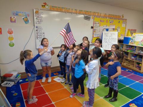 Kindergartners say the Pledge of Allegiance to start the day at Soboba Tribal Preschool Kindergartners say the Pledge of Allegiance to start the day at Soboba Tribal Preschool