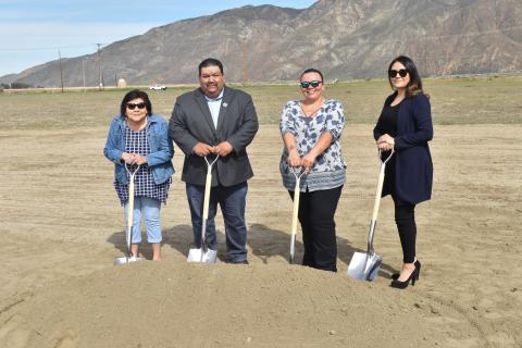 Soboba Tribal Council members turn the first shovels full of dirt at the Luiseño Village groundbreaking ceremony on Feb. 27. From left, Sergeant at Arms Rose Salgado, Vice Chairman Isaiah Vivanco, Treasurer Kelli Hurtado and Secretary Monica Herrera Soboba Tribal Council members turn the first shovels full of dirt at the Luiseño Village groundbreaking ceremony on Feb. 27. From left, Sergeant at Arms Rose Salgado, Vice Chairman Isaiah Vivanco, Treasurer Kelli Hurtado and Secretary Monica Herrera