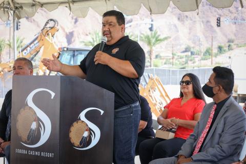Soboba Tribal Council Chairman Isaiah Vivanco makes comments at the groundbreaking ceremony for Sovovatum Village on Aug. 13 Soboba Tribal Council Chairman Isaiah Vivanco makes comments at the groundbreaking ceremony for Sovovatum Village on Aug. 13