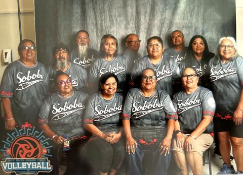 Soboba Elders Chair Volleyball Teams compete at the Salt River Senior Chair Volleyball Tournament in Arizona earlier this year. From left, back row, Charles Resvaloso, Ken “Pogo” Hurtado, and Wayne Garcia. From left, middle row, Francine Miranda, Albert Duenaz, Freda Miranda, Sandy Boniface, Charlotte Boniface, and Joyce Placencia. From left, front row, Virginia Duenaz, Francie Diaz, Frenchy Basquez, and Annette Rhodes. Not pictured, Lori Duro and Linda Resvaloso Soboba Elders Chair Volleyball Teams compete at the Salt River Senior Chair Volleyball Tournament in Arizona earlier this year. From left, back row, Charles Resvaloso, Ken “Pogo” Hurtado, and Wayne Garcia. From left, middle row, Francine Miranda, Albert Duenaz, Freda Miranda, Sandy Boniface, Charlotte Boniface, and Joyce Placencia. From left, front row, Virginia Duenaz, Francie Diaz, Frenchy Basquez, and Annette Rhodes. Not pictured, Lori Duro and Linda Resvaloso