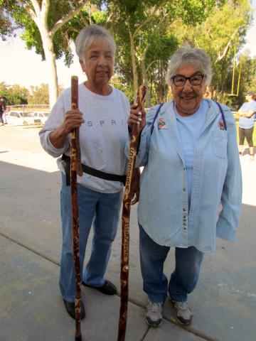 Rachel Miranda, left, and Marian Chacon get ready for the 16th annual Elder & Youth Walk at the Soboba Indian Reservation on May 4