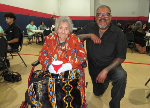 Teresa Silvas Seaton, Soboba’s oldest living Tribal member at 96, is introduced by Regional TANF Manager Harold Arres as a special guest speaker at the WE LEAD program luncheon, June 18 Teresa Silvas Seaton, Soboba’s oldest living Tribal member at 96, is introduced by Regional TANF Manager Harold Arres as a special guest speaker at the WE LEAD program luncheon, June 18